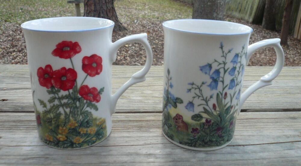 Rose of England Bone China 2 Tea Coffee Mugs Poppies Bluebells England